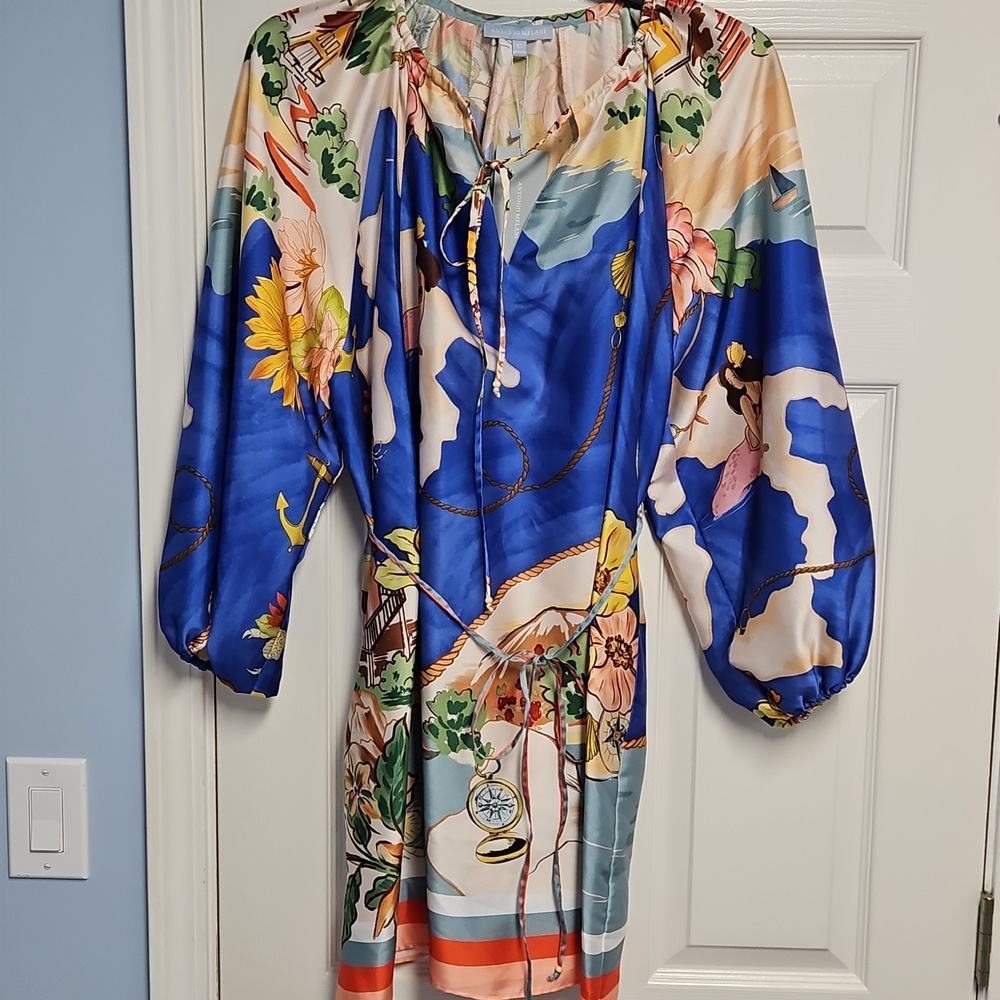 ANTONIO MELANI Raffaella Balloon Sleeve Satin Dress: Oceanprint: XL *SEE DETAILS